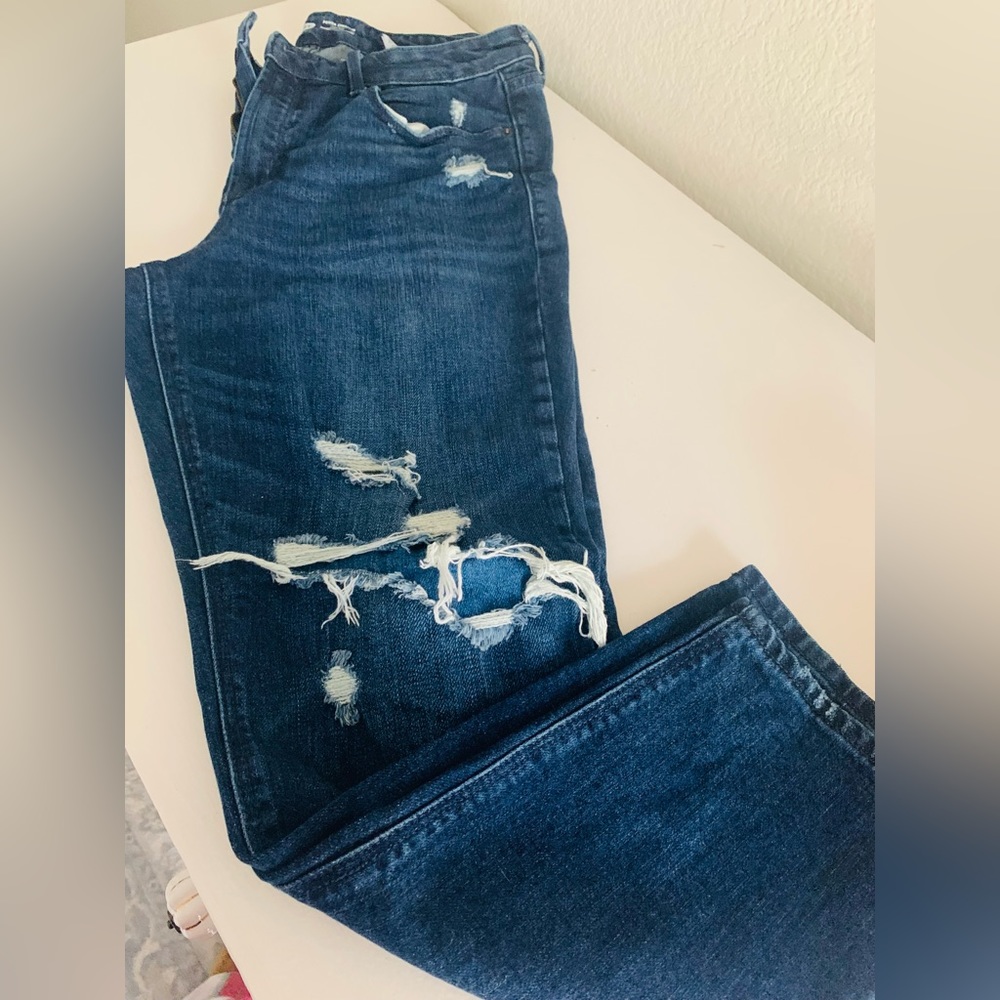 Old Navy-size 12 - Power Straight High Rise Jeans with Rips- EUC